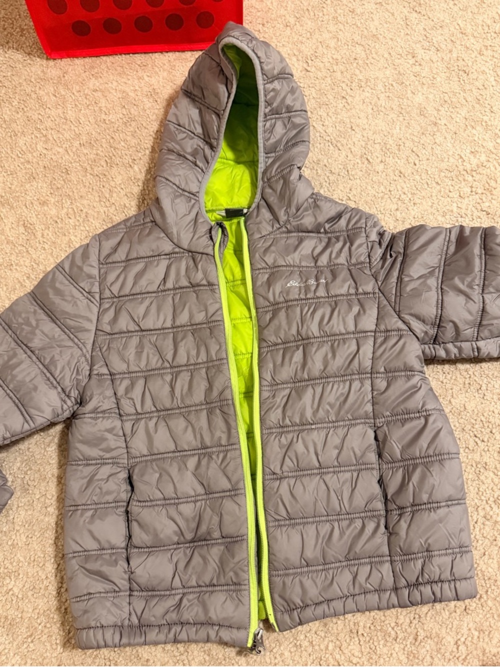Eddie Bauer Kids Hooded Puffer Jacket - Gray with Lime Green Lining